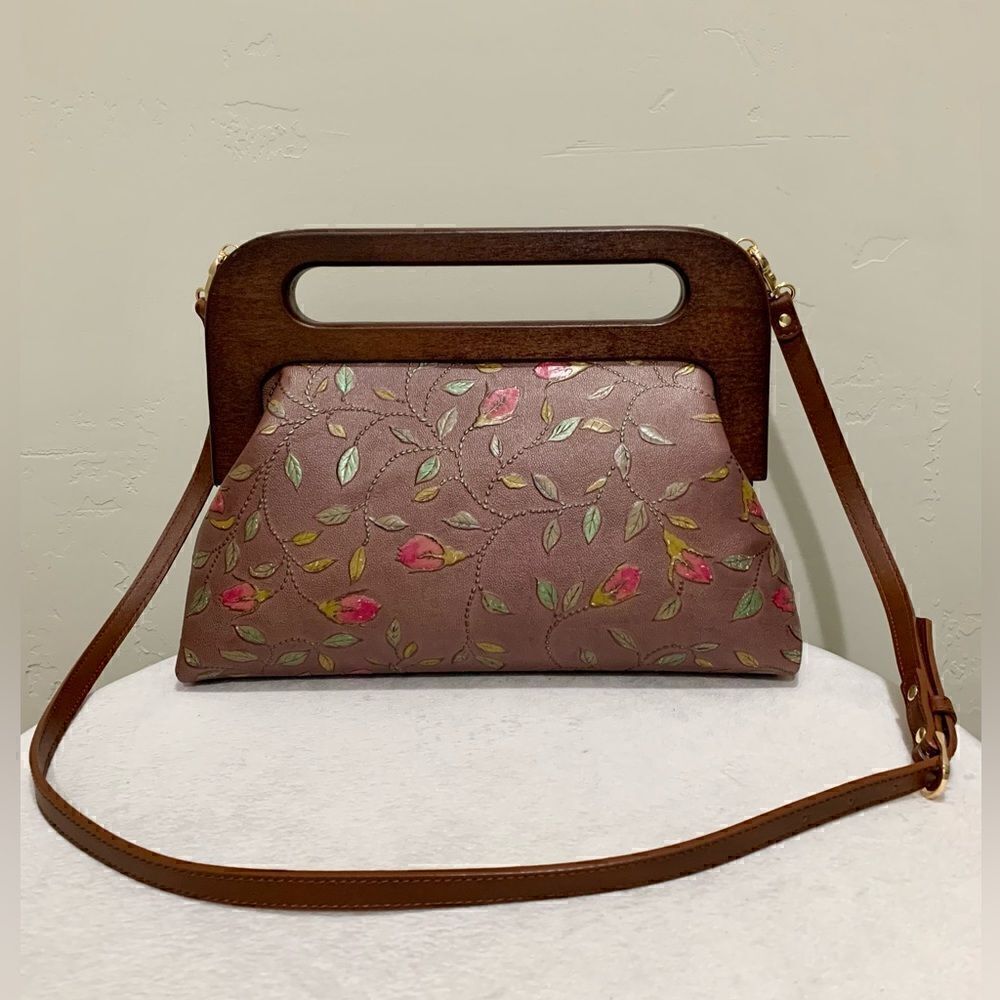 Handmade Genuine Embossed Leather Large Wooden Frame Handbag - Picture 2 of 16